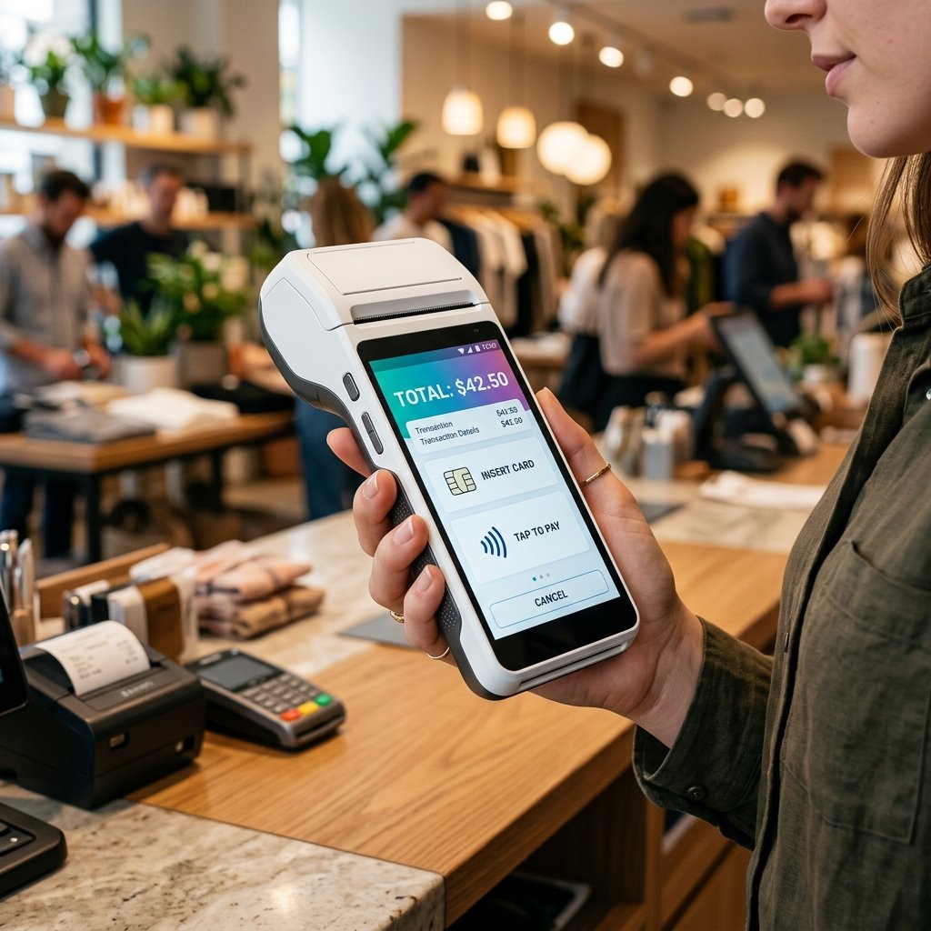 Modern handheld smart POS payment terminal showing services screen at retail counter